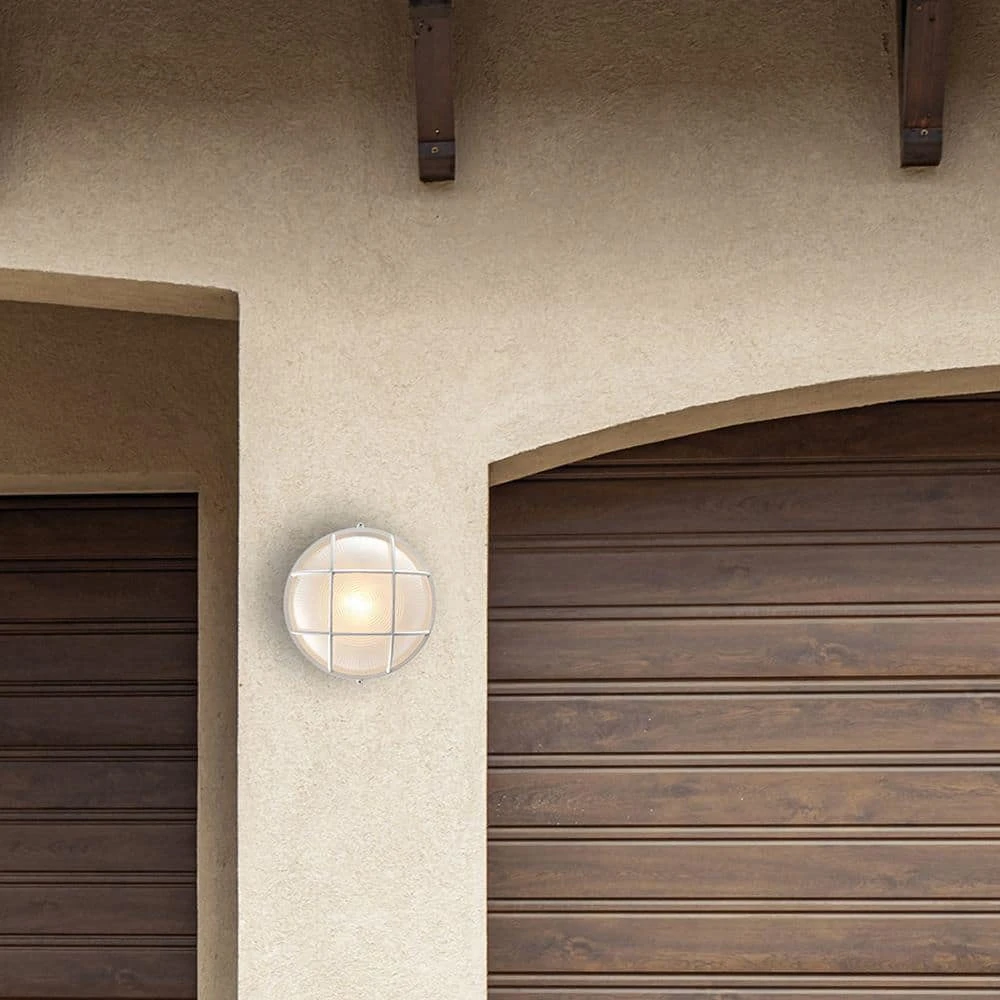 Aria 8 in. 1-Light White Round Bulkhead Outdoor Wall Light with Frosted Glass by Bel Air Lighting 4 Aria 8 in. 1-Light White Round Bulkhead Outdoor Wall Light with Frosted Glass by Bel Air Lighting - Image 2