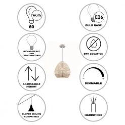 1-Light White Rope Basket Pendant Light with Woven Shade by Bel Air Lighting 11 1-Light White Rope Basket Pendant Light with Woven Shade by Bel Air Lighting -GlowNest Shop white bel air lighting chandeliers 1001721112 40 1000